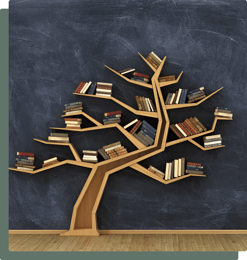 Books arranged on tree-like shelves