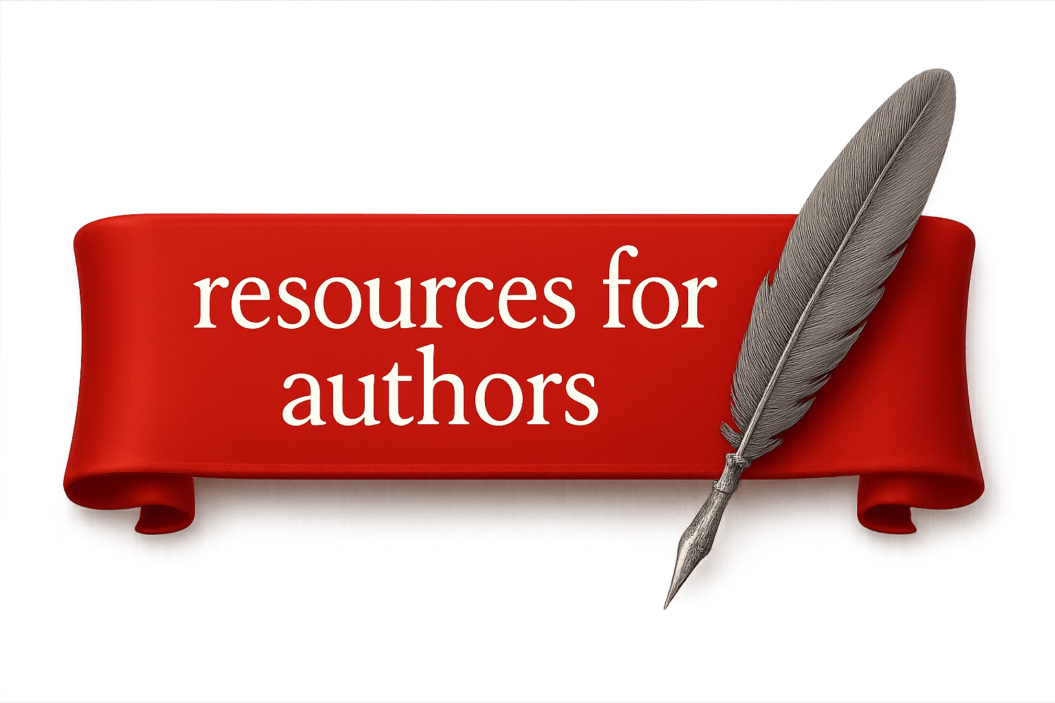 Red ribbon with feather, "resources for authors".