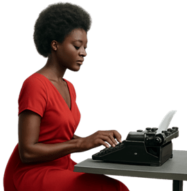 Woman typing on vintage typewriter, black background.