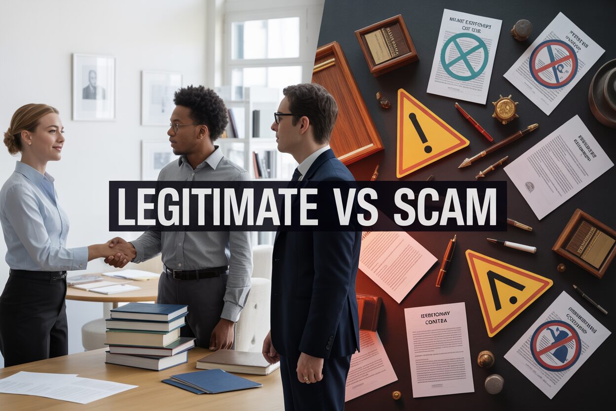 Legitimate handshake versus scam warning signs.