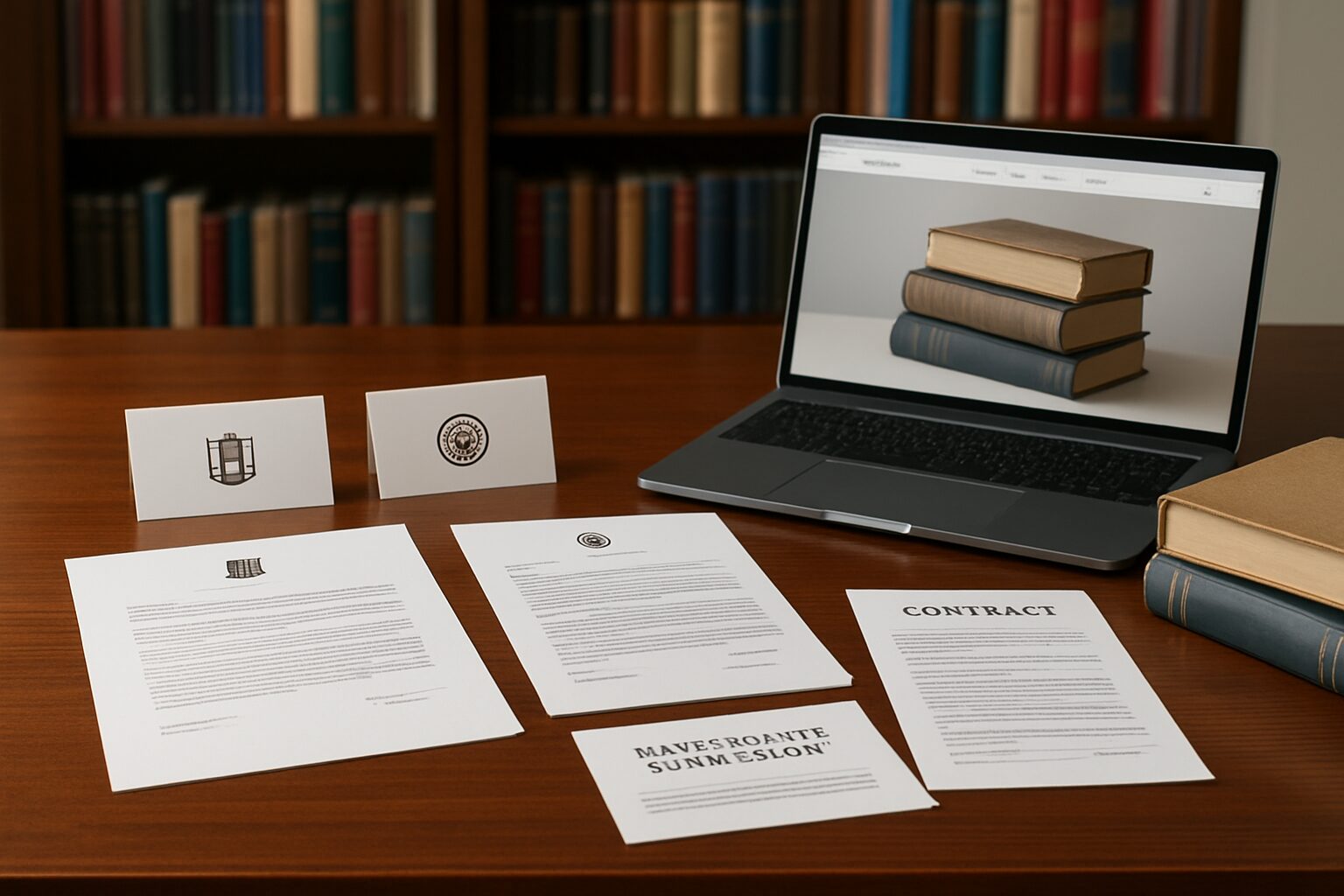 Laptop and documents on wooden desk.