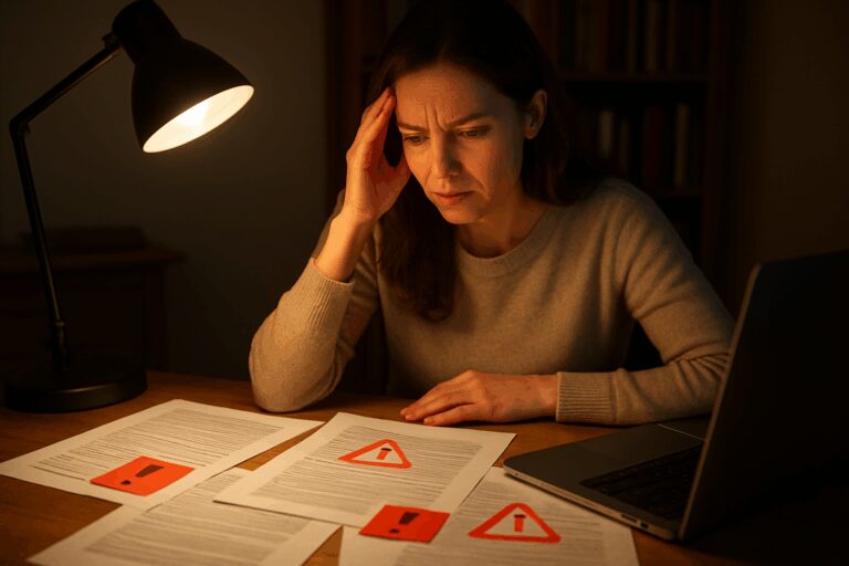 Woman stressed over documents at desk.