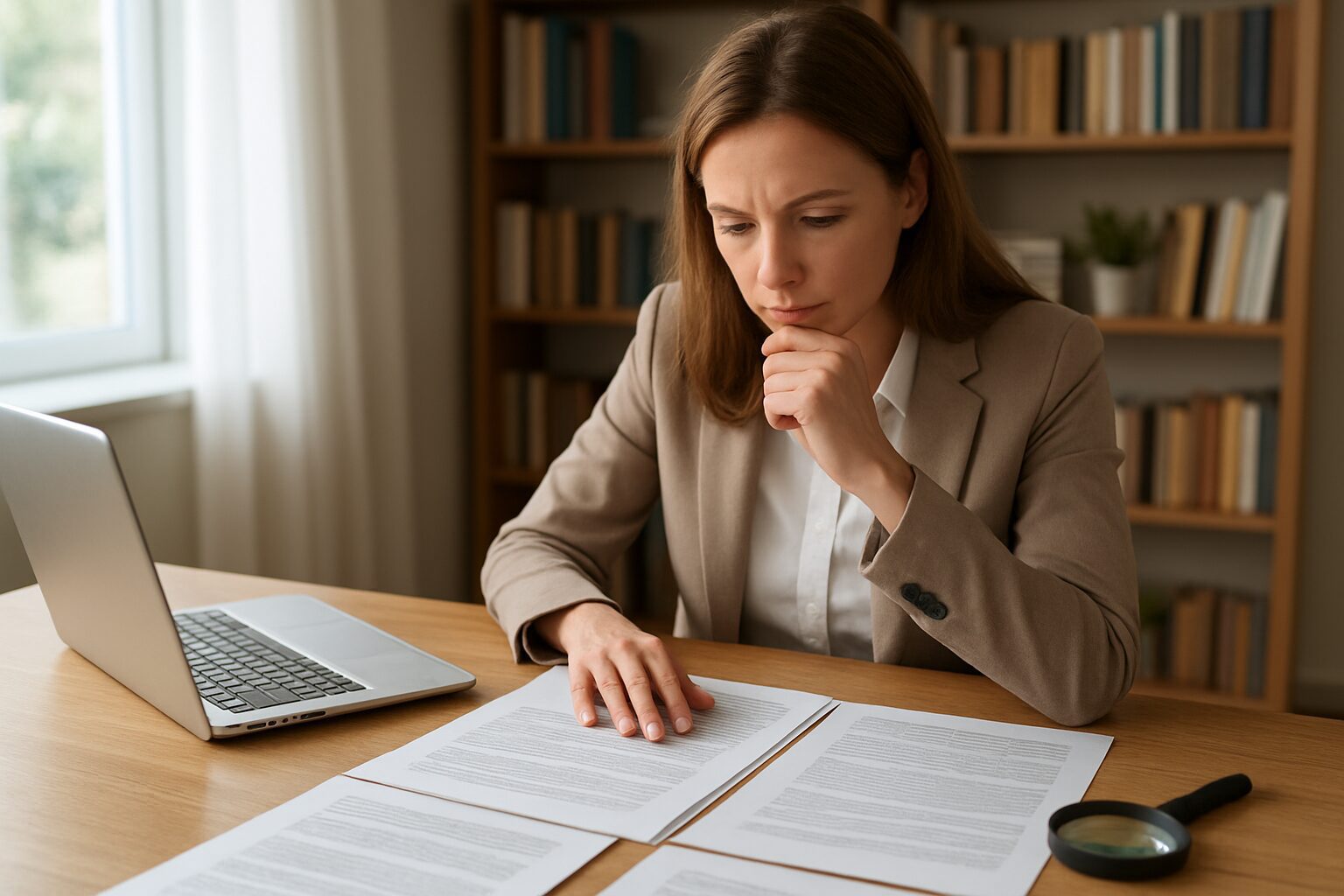 Woman reviewing documents at a desk.