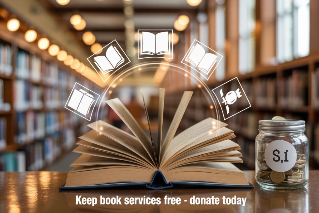 Open book and donation jar in library.