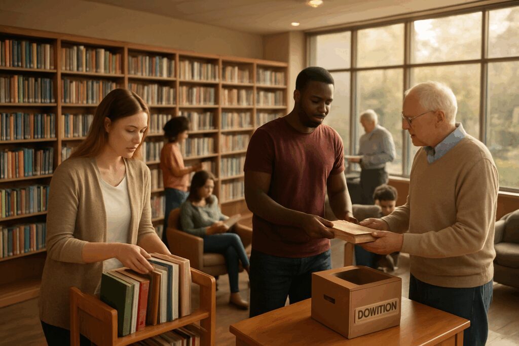 People organizing books in a library setting.