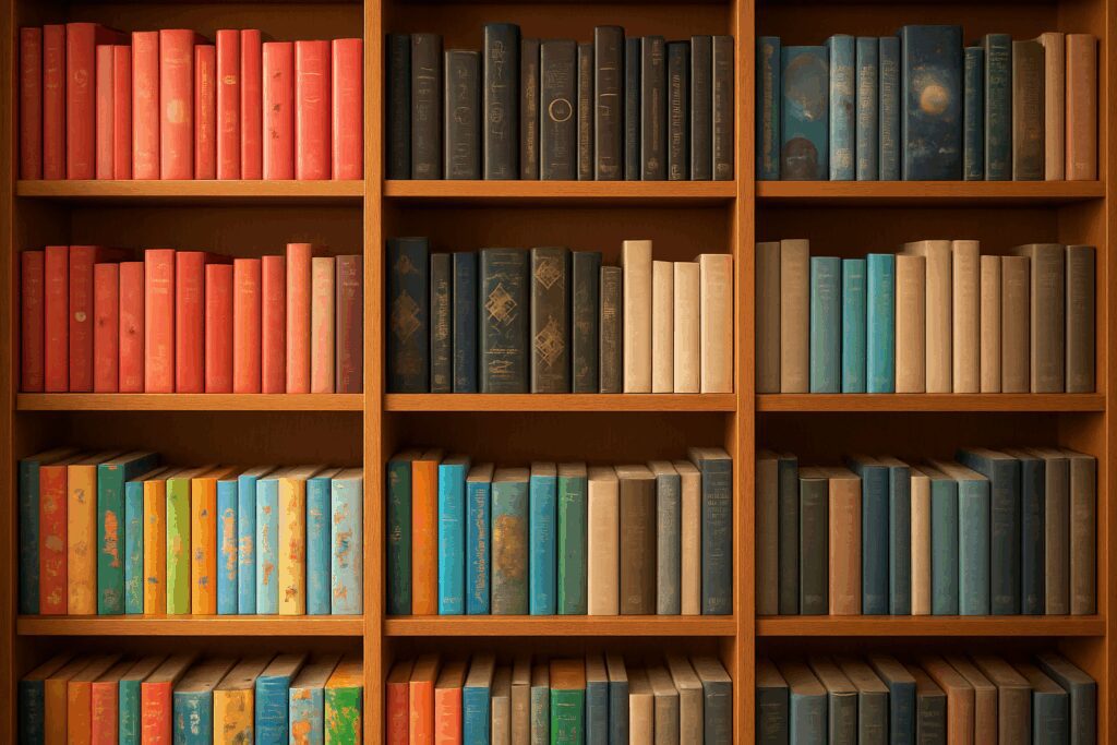 Colorful books arranged on wooden shelves.