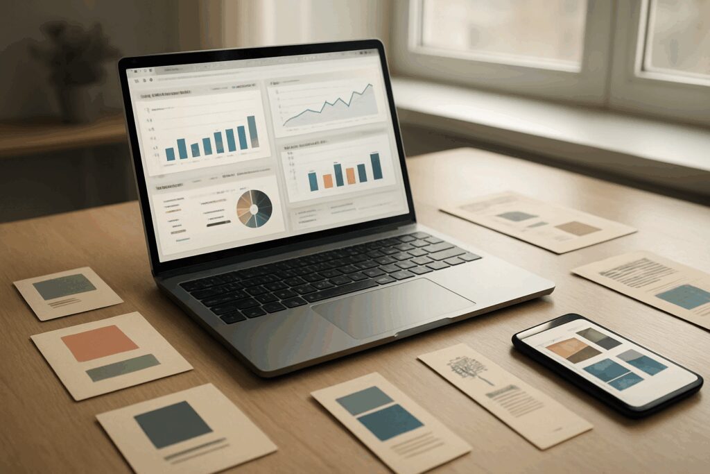 Laptop displaying graphs, charts, and smartphone nearby.
