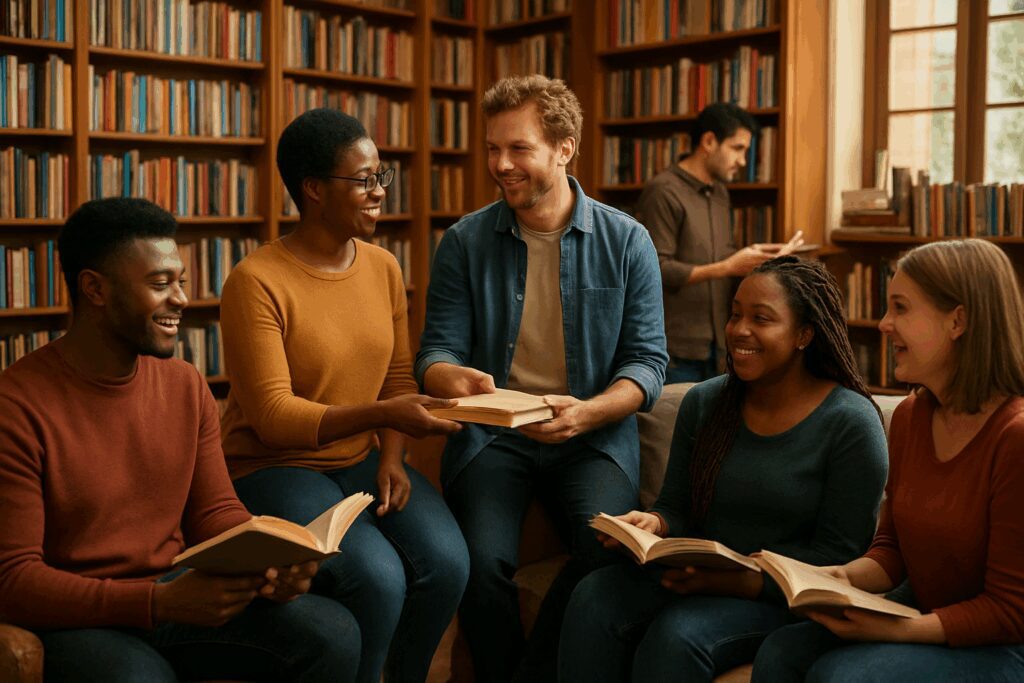 Group of people reading books in library.