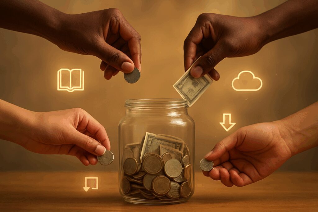 Hands adding money to a jar.