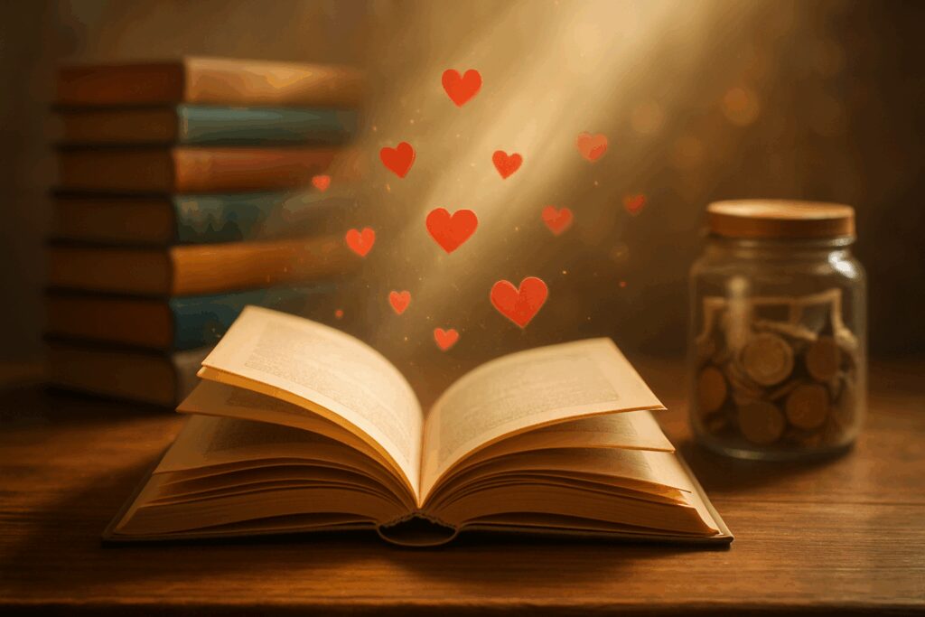 Open book with floating red hearts.