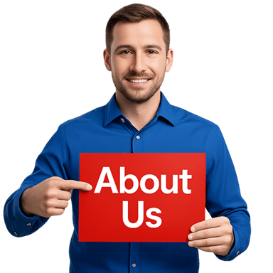 Man holding "About Us" sign, smiling.