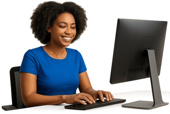 Smiling woman typing on computer keyboard.