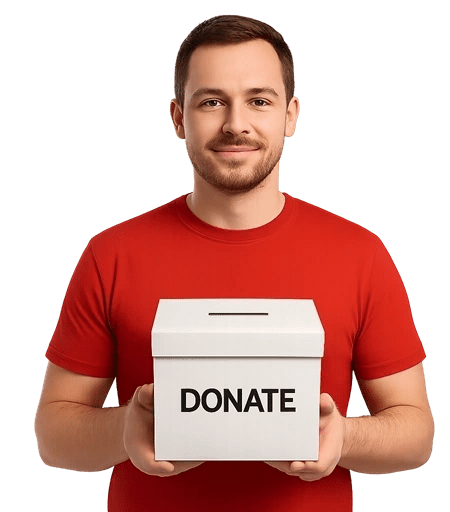 Man holding a donation box, smiling.