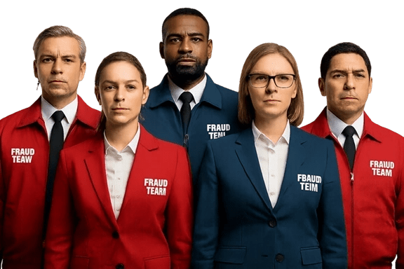 Fraud team members in uniform, serious expressions.