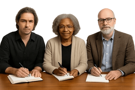 Three people writing at a table.