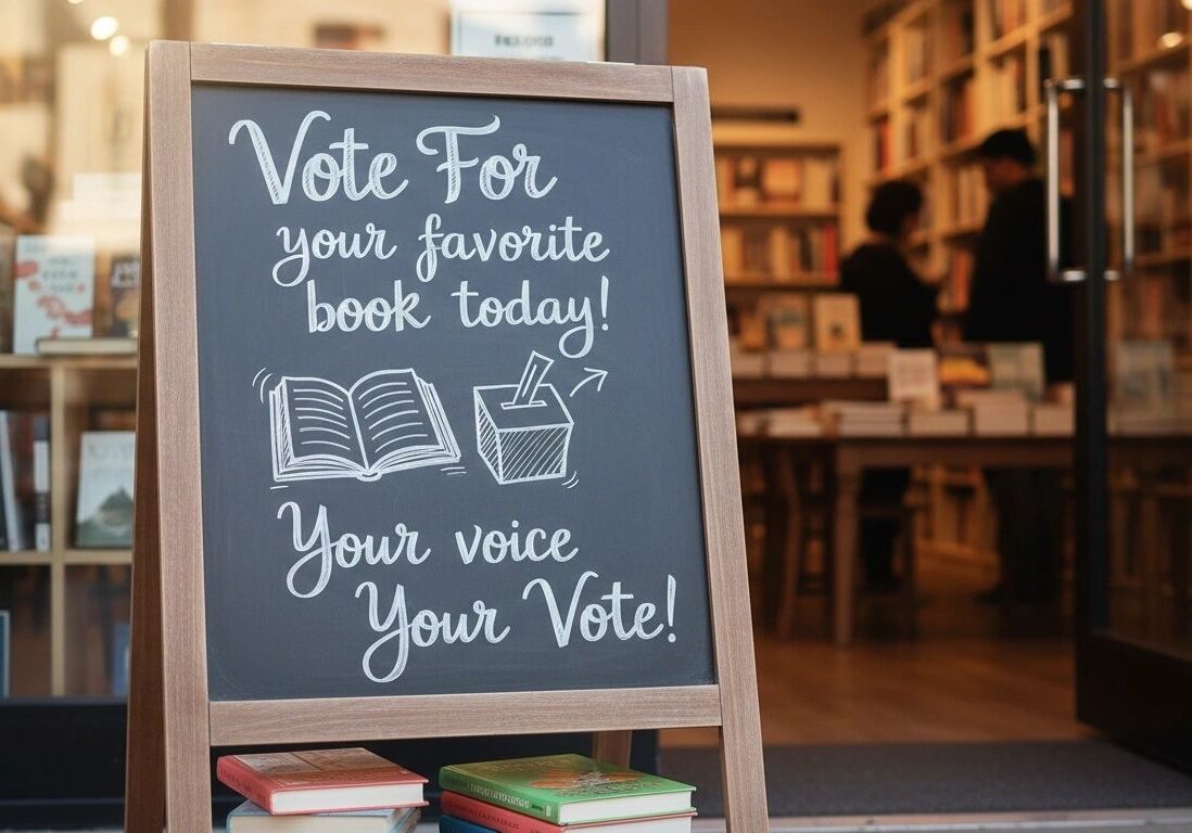 Bookstore sign encourages voting for favorite book.